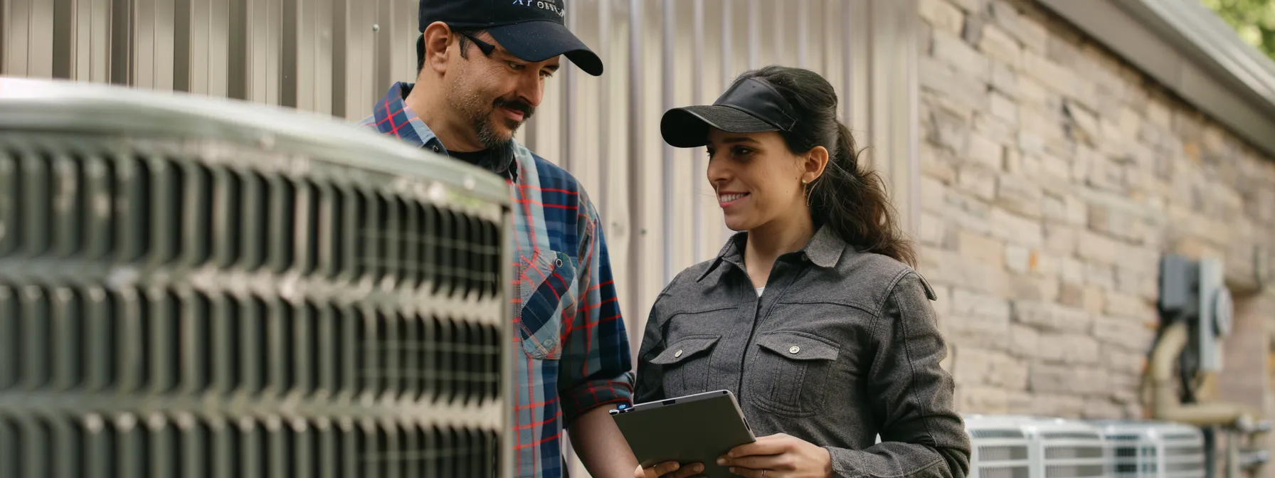 homeowner and technician around an hvac system