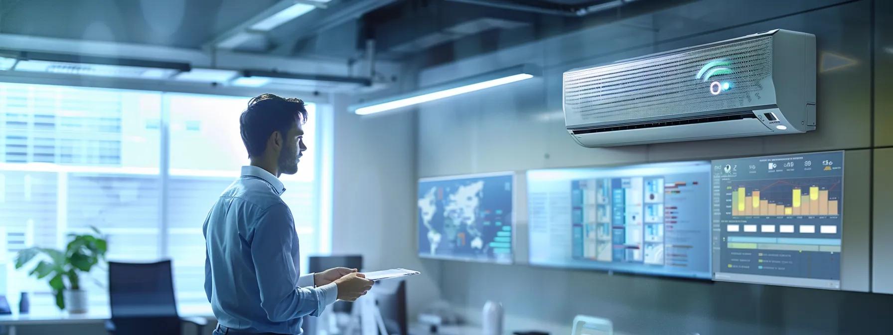 a visually engaging urban office setting features a focused technician examining an air conditioning unit, surrounded by detailed graphs and charts that illustrate the costs associated with ac repair services, illuminated by bright overhead lights to signify clarity and professionalism. a visually engaging urban office setting features a focused technician examining an air conditioning unit, surrounded by detailed graphs and charts that illustrate the costs associated with ac repair services, illuminated by bright overhead lights to signify clarity and professionalism.