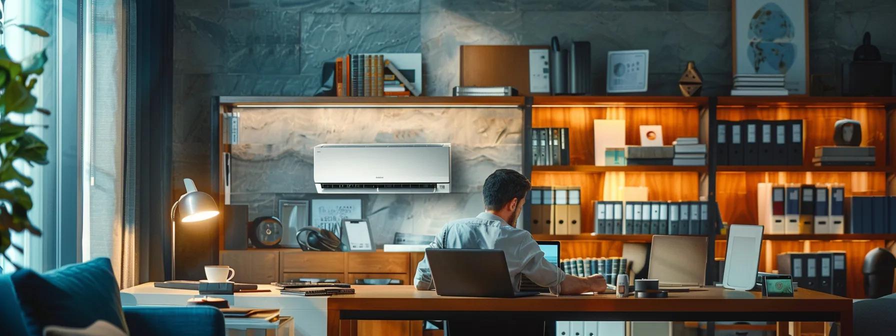 a modern home office in maryland showcases a sleek air conditioning unit prominently displayed, with a homeowner thoughtfully analyzing maintenance versus repair options while surrounded by technical documents and a laptop, emphasizing decision-making for optimal indoor comfort. a modern home office in maryland showcases a sleek air conditioning unit prominently displayed, with a homeowner thoughtfully analyzing maintenance versus repair options while surrounded by technical documents and a laptop, emphasizing decision-making for optimal indoor comfort.