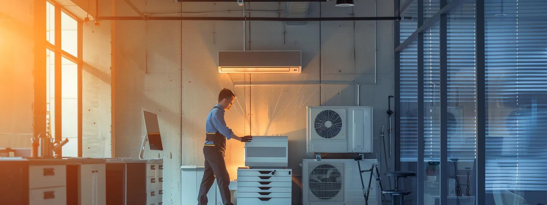 a sleek, modern office setting showcases a technician inspecting an air conditioning unit, emphasizing the contrasting approaches of routine maintenance and urgent repairs with tools and equipment neatly arranged nearby, illuminated by bright, focused lighting. a sleek, modern office setting showcases a technician inspecting an air conditioning unit, emphasizing the contrasting approaches of routine maintenance and urgent repairs with tools and equipment neatly arranged nearby, illuminated by bright, focused lighting.