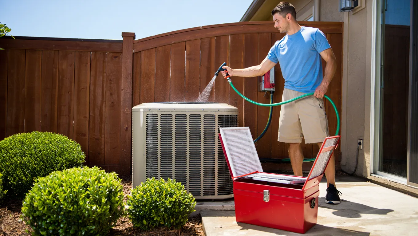Homeowner hosing down an outdoor AC unit in a sunny backyard, with a toolbox and clean air filter nearby. Homeowner hosing down an outdoor AC unit in a sunny backyard, with a toolbox and clean air filter nearby.
