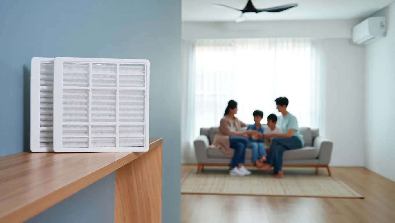 Family relaxing in a cool living room with clean air filters on a shelf and a breeze through sheer curtains. Family relaxing in a cool living room with clean air filters on a shelf and a breeze through sheer curtains.