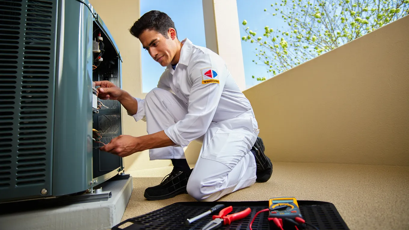 Technician in a uniform working on an indoor AC unit with tools, in a well-lit room with budding trees visible outside. Technician in a uniform working on an indoor AC unit with tools, in a well-lit room with budding trees visible outside.