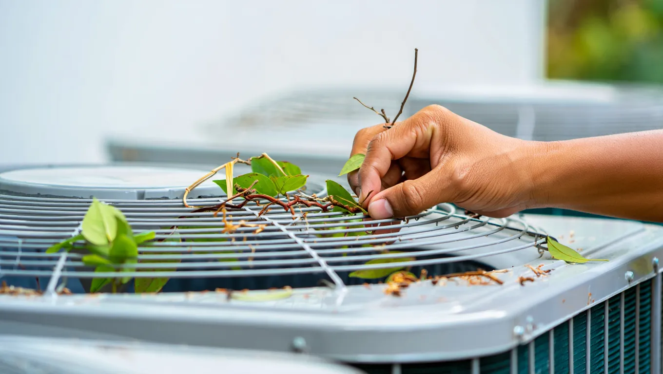 Close-up of an outdoor AC unit with leaves in its fins, a hand clearing debris, and a hazy summer sky in the background. Close-up of an outdoor AC unit with leaves in its fins, a hand clearing debris, and a hazy summer sky in the background.