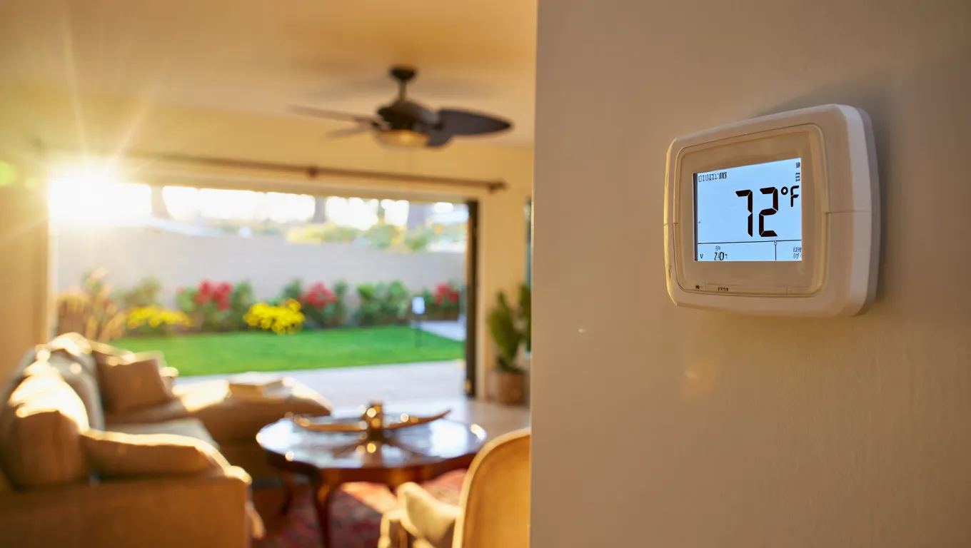 Cozy living room with a spinning ceiling fan and thermostat displaying a cool temperature, contrasting with a hot, shimmering backyard. Cozy living room with a spinning ceiling fan and thermostat displaying a cool temperature, contrasting with a hot, shimmering backyard.