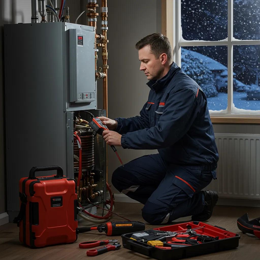 Emergency technician repairing heating system in a home during winter