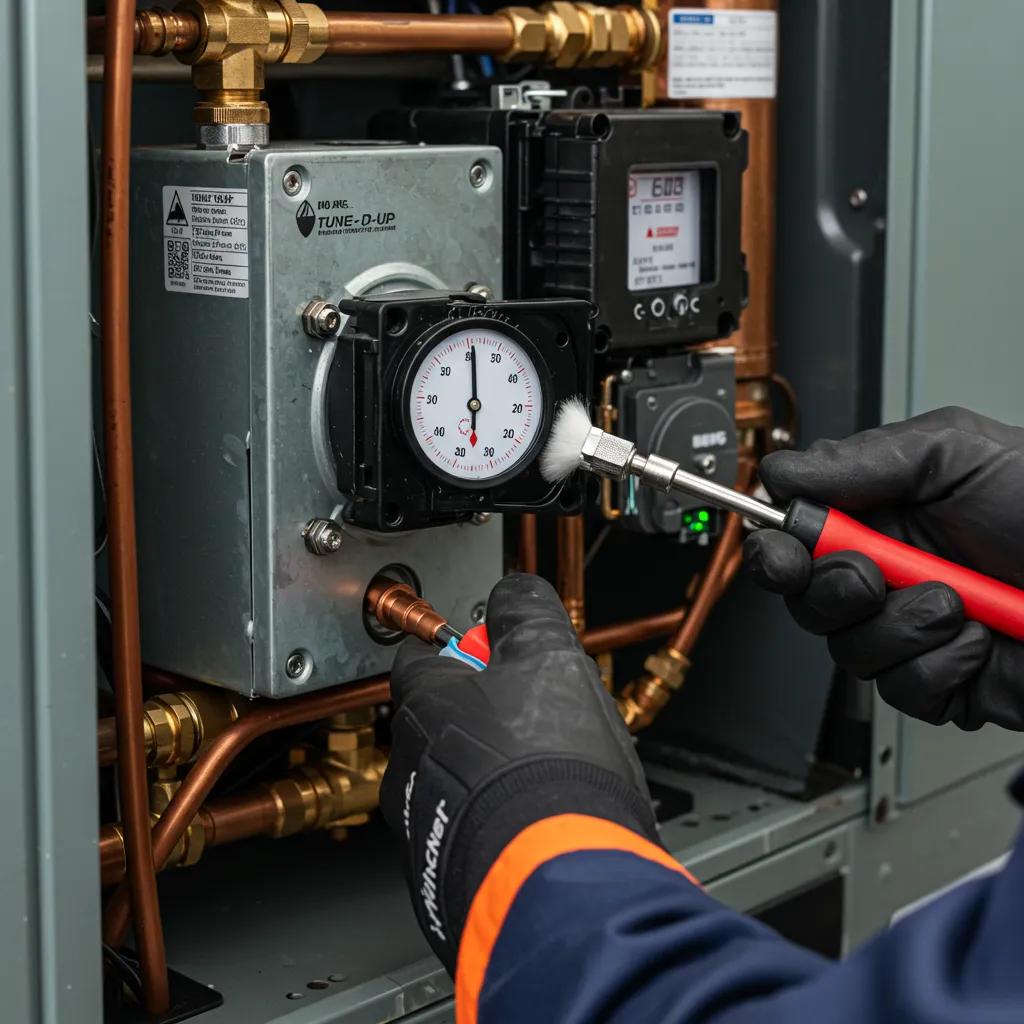 Technician performing a furnace tune-up, showcasing tools and equipment