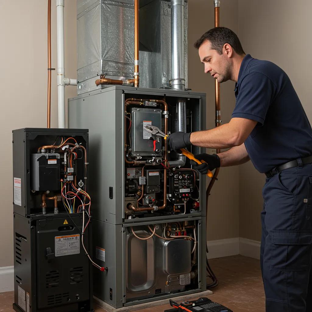 Technician performing maintenance on a furnace in a residential setting