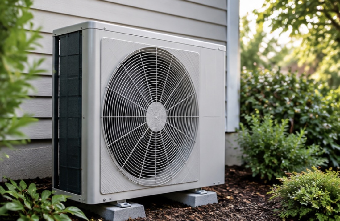 Outdoor heat pump condenser unit beside a home, showcasing efficient heating and cooling in Cheverly, Maryland