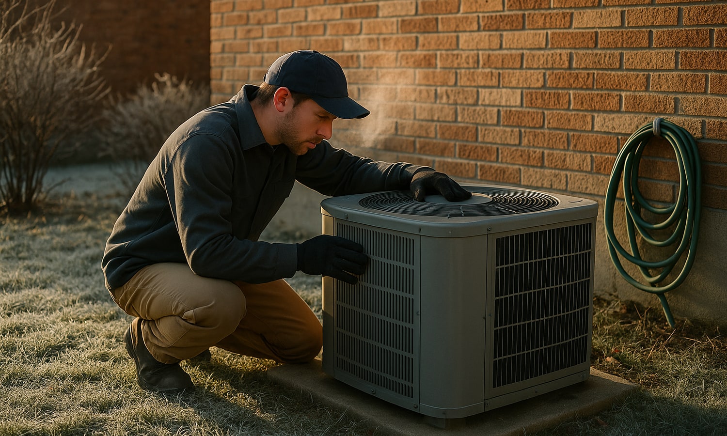 HVAC technician servicing an outdoor heat pump unit for efficient heating and cooling in Cheverly, Maryland