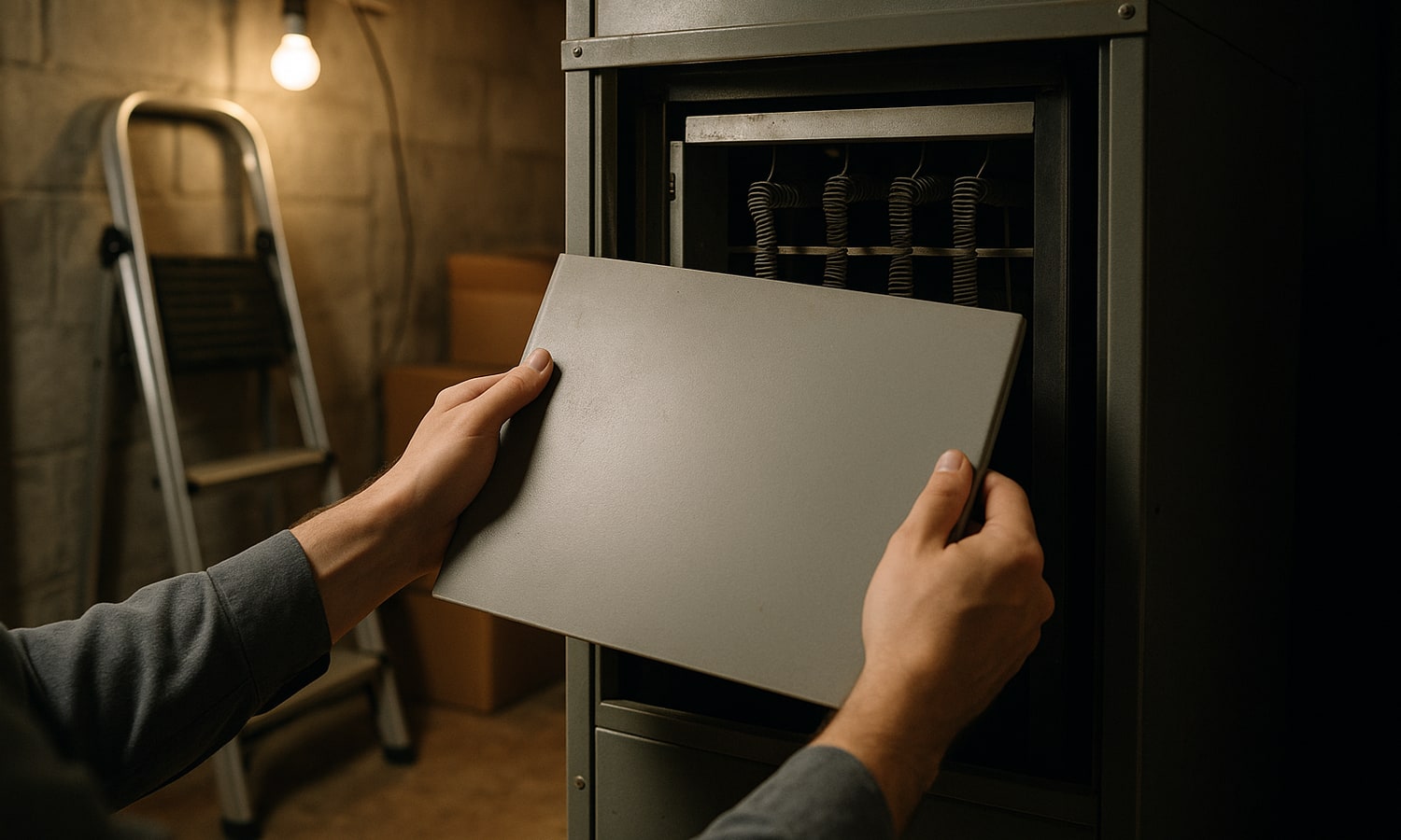 Hands opening a heat pump panel to reveal internal heating and cooling components in Cheverly, Maryland