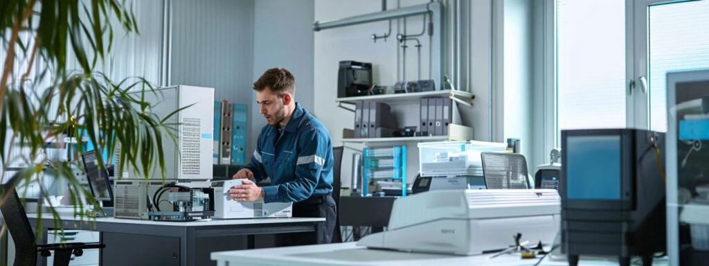 Technician working in a modern office environment, handling equipment related to HVAC systems, illustrating emergency AC repair services in Cheverly, MD.