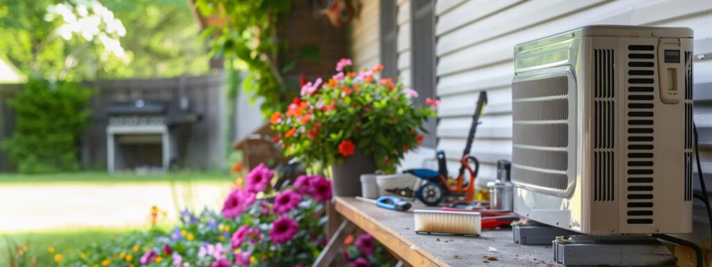 Air conditioning unit on a workbench surrounded by tools and colorful flowers, emphasizing preventive AC care for homeowners in Cheverly.