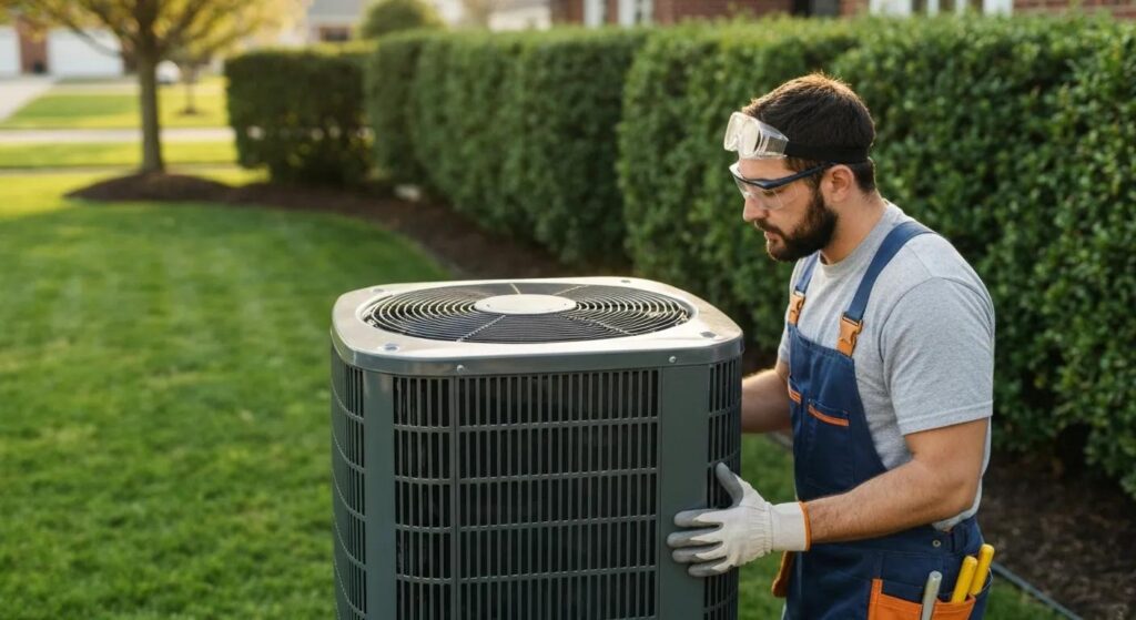HVAC technician inspecting an air conditioning unit in Cheverly, Maryland. AC repair and maintenance for home cooling systems. Expert HVAC services.