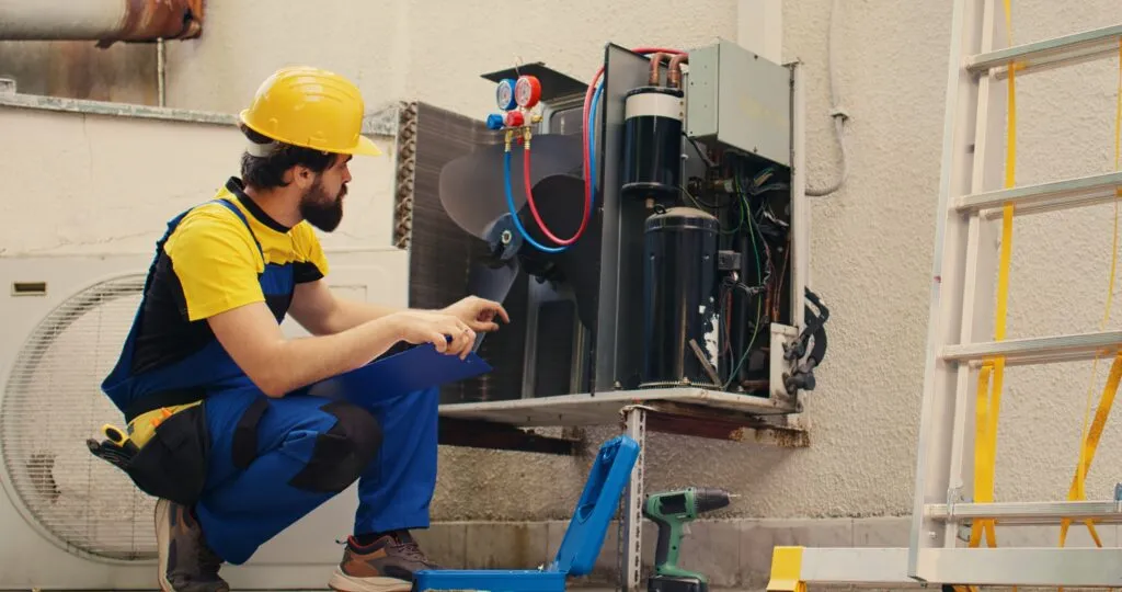 Heat pump repair: Technician inspecting HVAC system in Cheverly, Maryland. Maintenance of cooling and heating equipment.