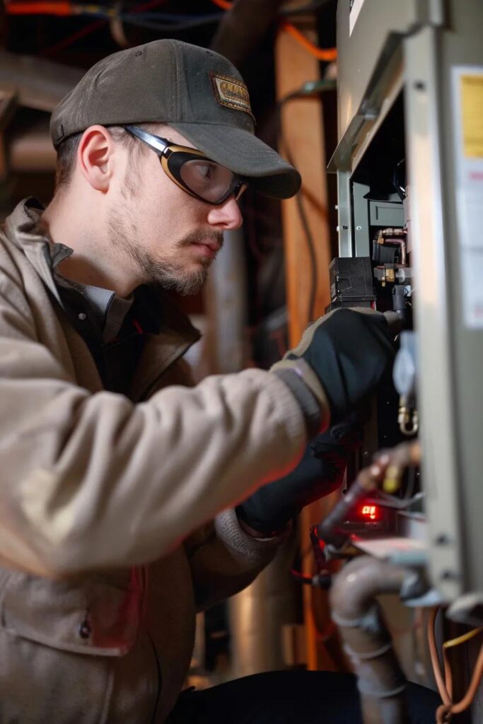 HVAC technician in Cheverly, Maryland, repairs a furnace. Expert furnace repair services to keep your home warm. Professional heating system maintenance.