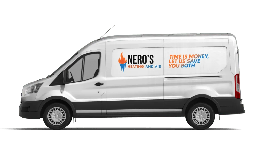 Nero's Heating and Air service van, advertising 'Time is Money, Let Us Save You Both'. Cheverly, Maryland, HVAC solutions at your service.