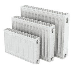 Emergency Heating: Three white radiators of varying sizes, representing options for home heating solutions and efficient temperature control.