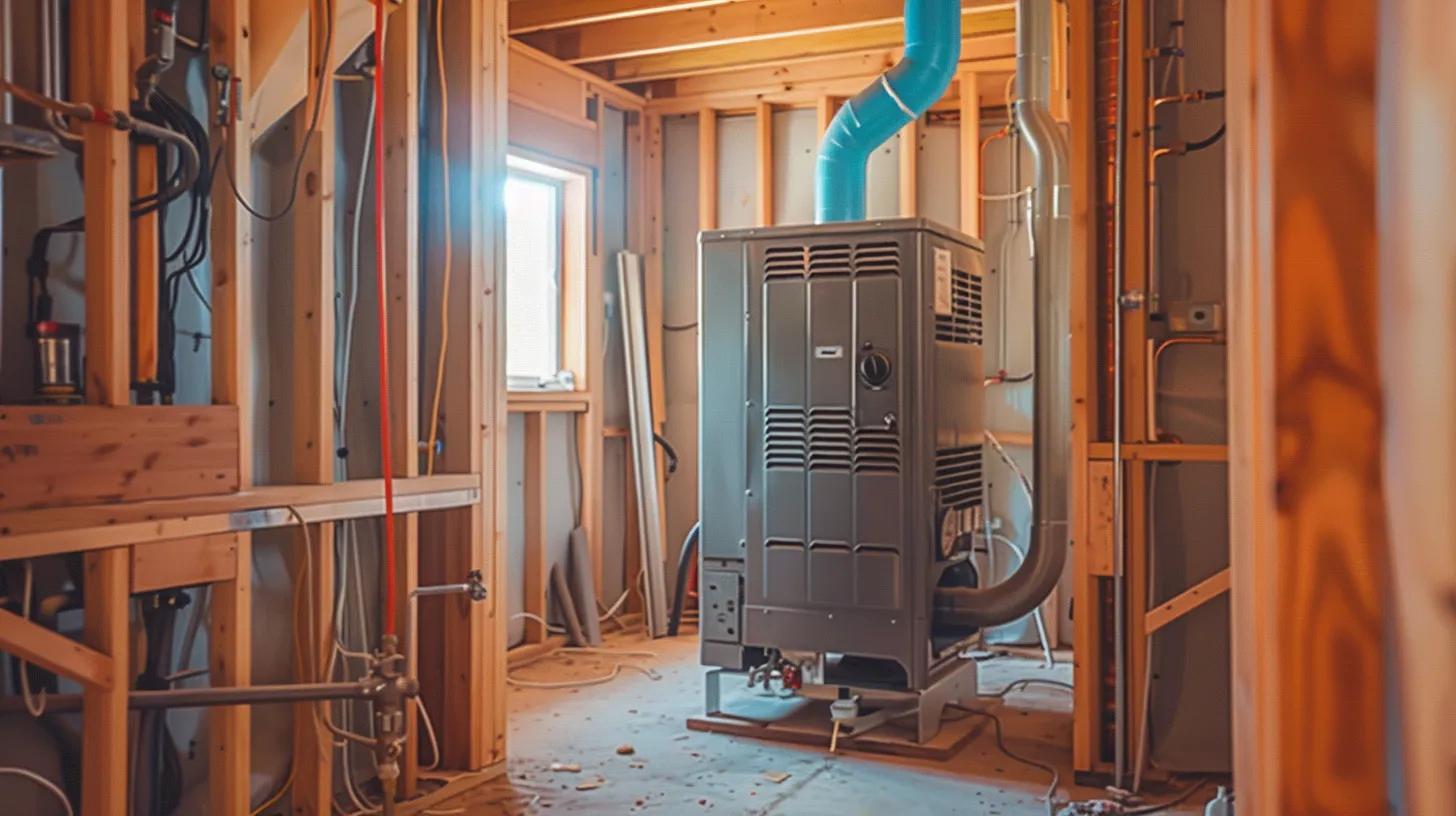 New furnace installation in unfinished basement, showcasing HVAC system ready for heating services in Cheverly, MD.