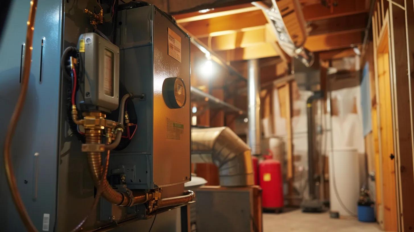 Furnace in basement setting with visible gas lines and ductwork, highlighting HVAC system for emergency furnace repairs in Cheverly, MD.