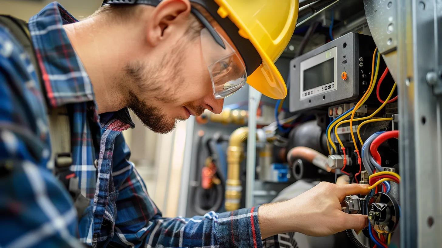 Technician in yellow hard hat and safety glasses inspecting furnace components, focusing on wiring and controls, related to affordable furnace repair services in Cheverly, MD.