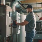 Technician adjusting HVAC system controls in a home, emphasizing professional HVAC maintenance and repair services in Maryland.