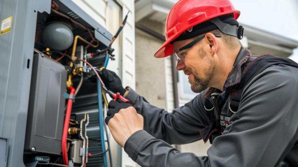 technician working on heating equipment in a home