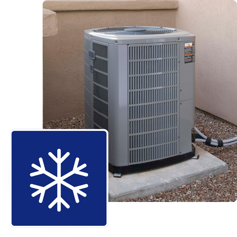 Air conditioning unit near a building, with a snowflake icon symbolizing cooling. Home comfort in Cheverly, Maryland, with reliable HVAC.