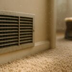 Dirty HVAC vent in Cheverly, Maryland suggests musty odor issues after winter. Boots in background imply seasonal change. HVAC maintenance needed.
