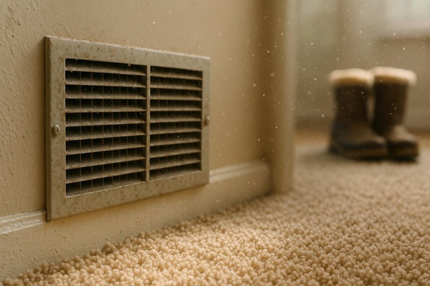 Dirty HVAC vent in Cheverly, Maryland suggests musty odor issues after winter. Boots in background imply seasonal change. HVAC maintenance needed.