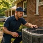 HVAC contractor in Cheverly, Maryland inspecting an AC unit. Ensure your home's comfort with professional air conditioning service.