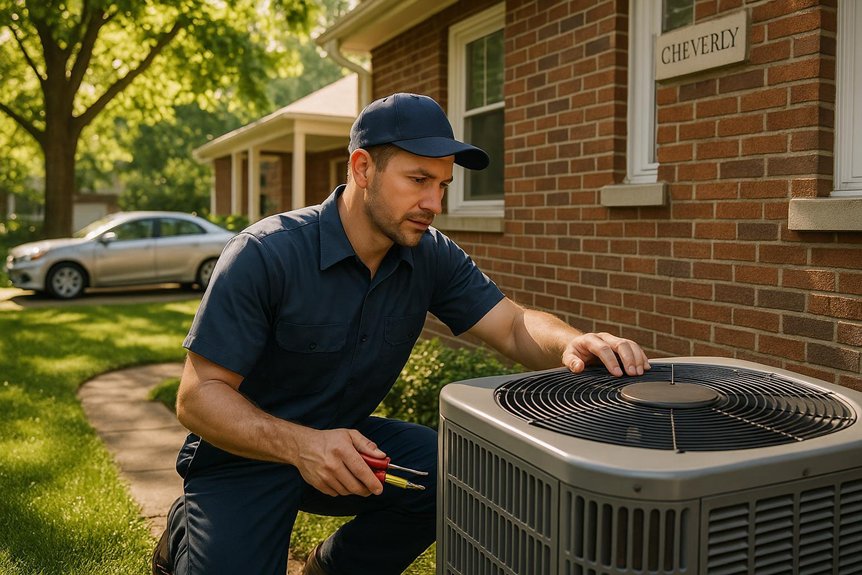 HVAC contractor in Cheverly, Maryland inspecting an AC unit. Ensure your home's comfort with professional air conditioning service.