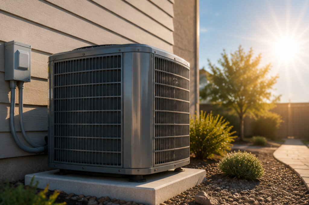 Air conditioning unit on a concrete pad outside a home, suggesting an AC installation and readiness for the heat in Cheverly, Maryland.