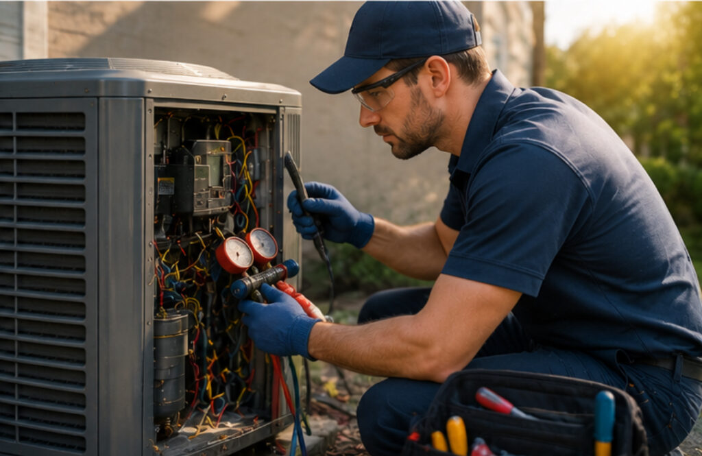 AC repair technician checking gauges of an air conditioning unit in Cheverly, Maryland. Air conditioning repair for nonstop AC running.