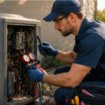 AC repair technician checking gauges of an air conditioning unit in Cheverly, Maryland. Air conditioning repair for nonstop AC running.