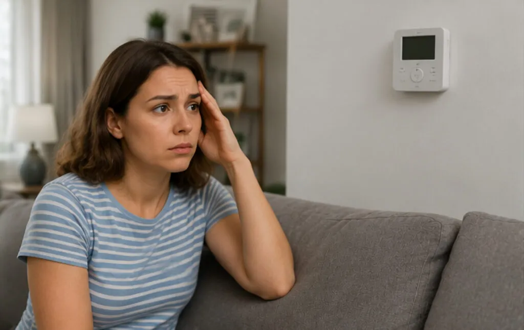 Worried woman by a thermostat, thinking about AC running nonstop. Consider air conditioning to fix your AC issues in Cheverly, Maryland.