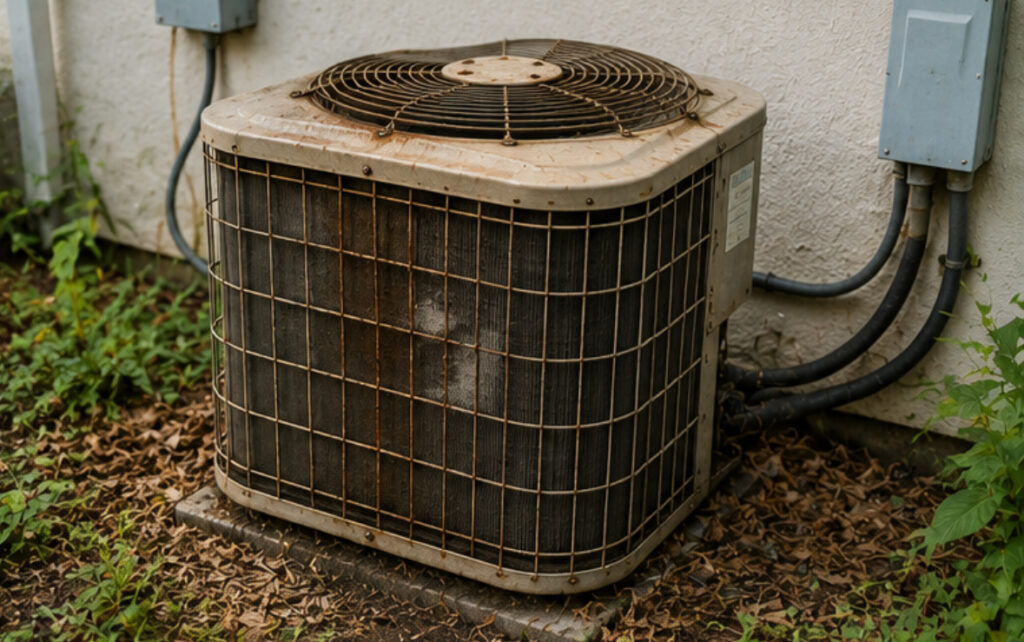 An old, weathered outdoor residential air conditioning unit sitting on a concrete pad near a house wall in Cheverly, Maryland.
