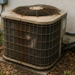 An old, weathered outdoor residential air conditioning unit sitting on a concrete pad near a house wall in Cheverly, Maryland.